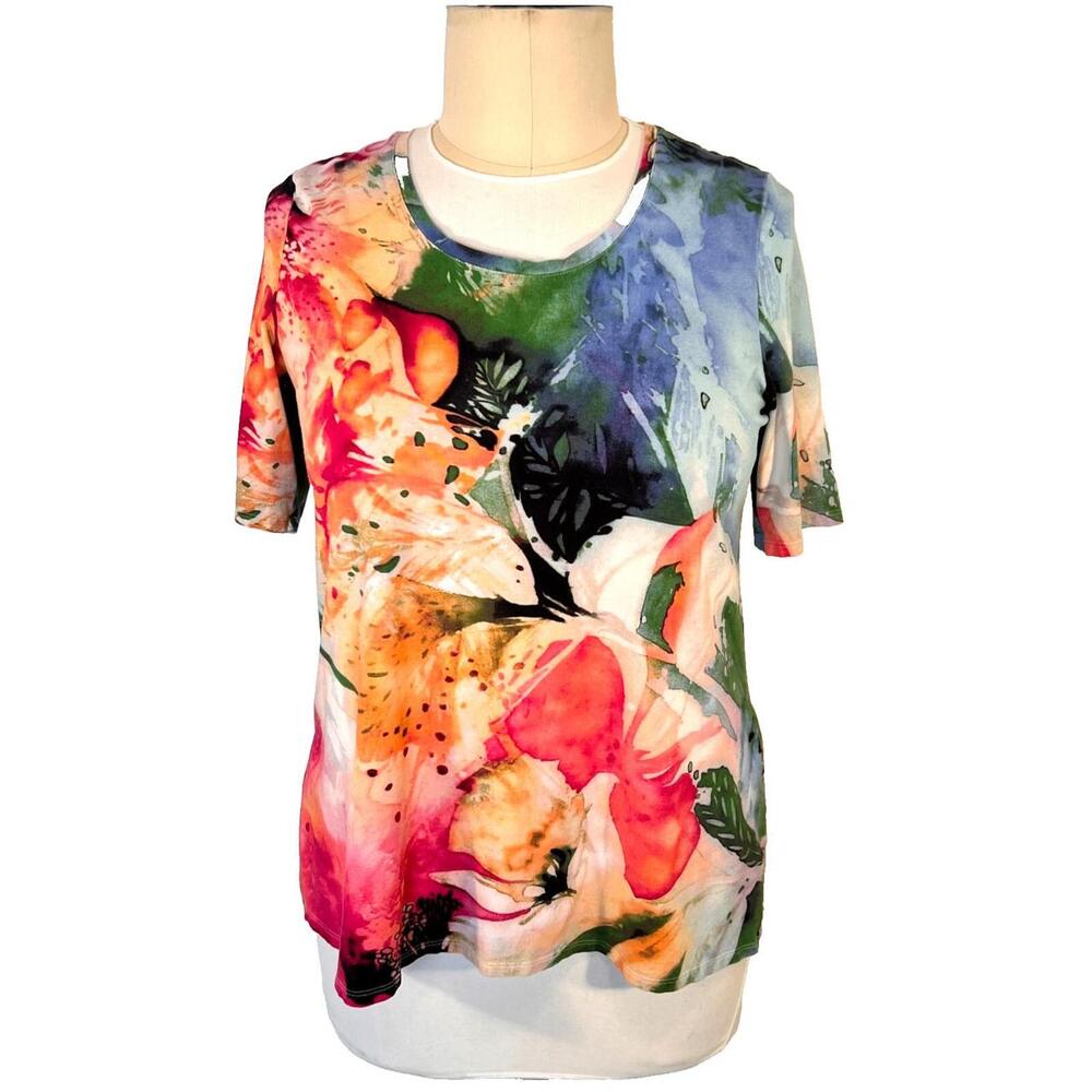 Chico's Women's L Tunic Tee Shirt Large Abstract Floral Short Sleeve Scoop Neck
